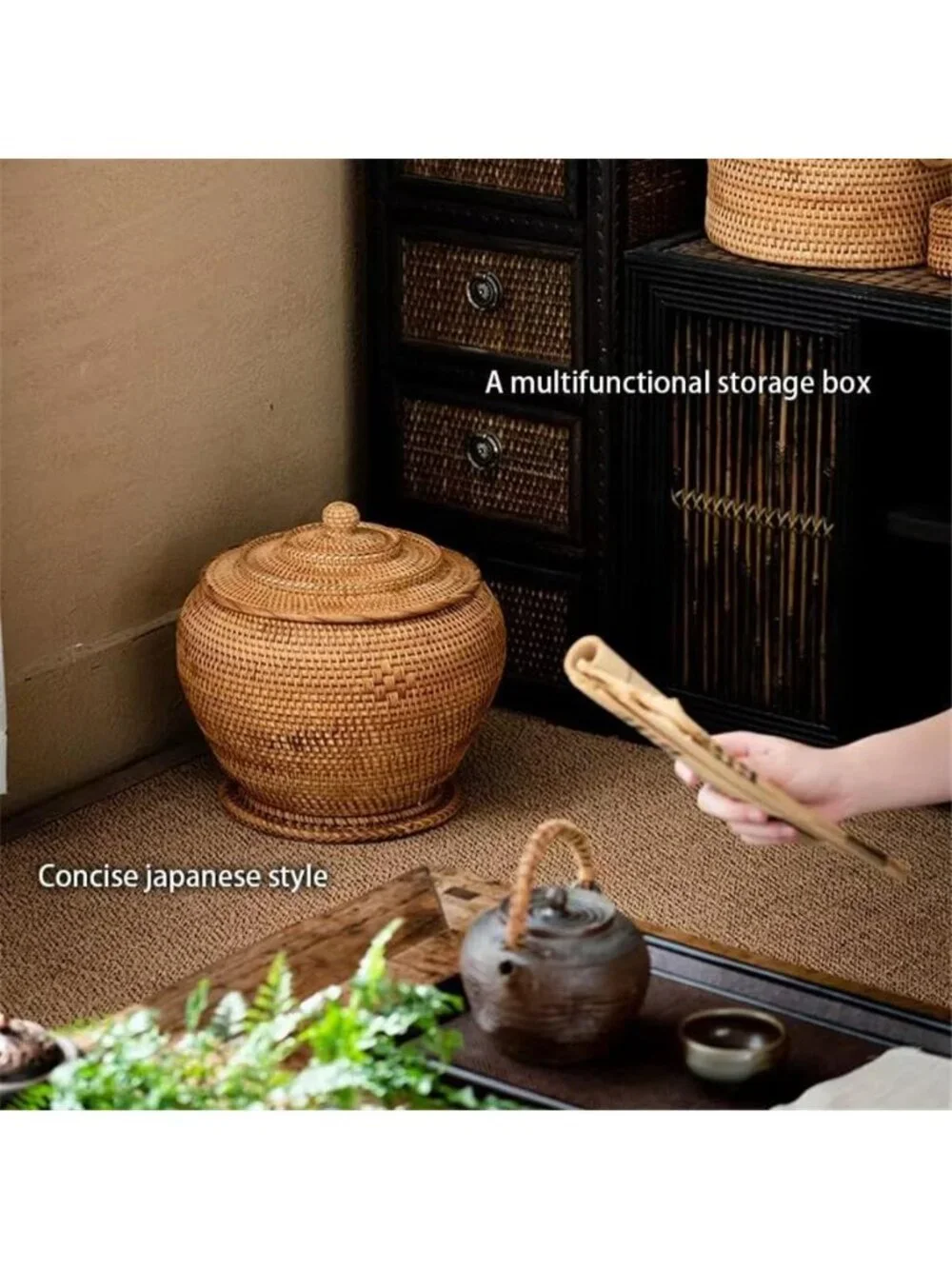 Basket Storage Rattan Woven Basket with Lid Round Wicker Fruit Box
